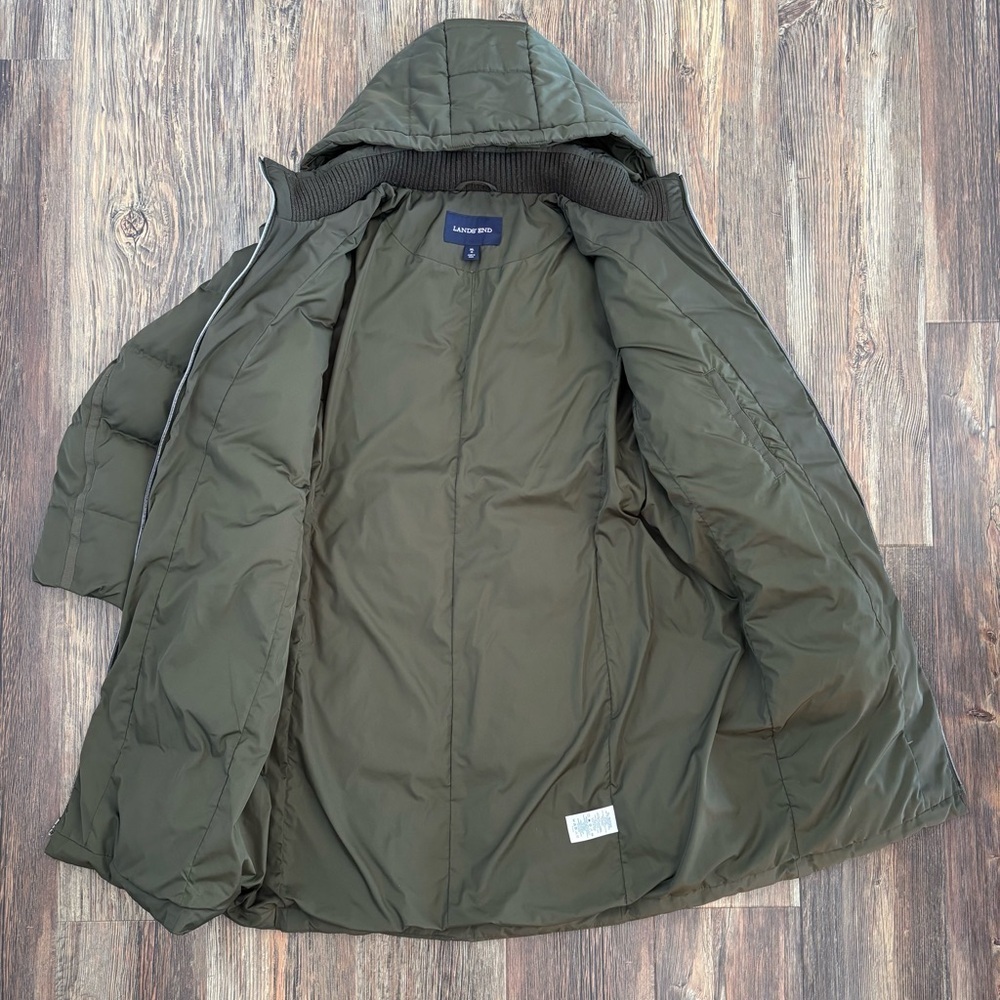 Lands’ End Hooded Quilted Down Puffer Jacket XL Olive Green 38” Long Two-Way Zip - Picture 4 of 14